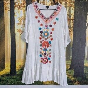 Coco & Carmen Embroidered Dress Womens XXL Lined Tunic White Floral Boho Sleeve